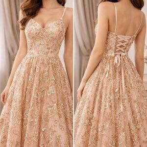 J'ADORE EVENING Blush Pink, White, Gold Evening Grad Prom Dress Floral Size 6